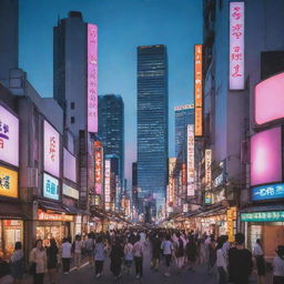 A bustling anime-inspired Japanese street, suffused with neon lights, towering skyscrapers, bustling people, and a blend of traditional and modern architectural elements