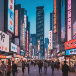 A bustling anime-inspired Japanese street, suffused with neon lights, towering skyscrapers, bustling people, and a blend of traditional and modern architectural elements