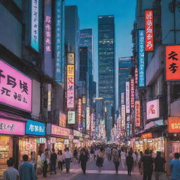 A bustling anime-inspired Japanese street, suffused with neon lights, towering skyscrapers, bustling people, and a blend of traditional and modern architectural elements