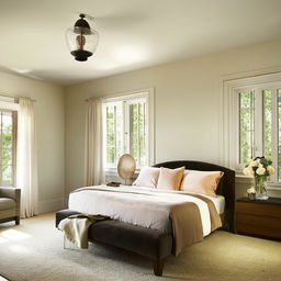 An elegantly designed bedroom with modern furniture, natural light, and a soothing color palette.