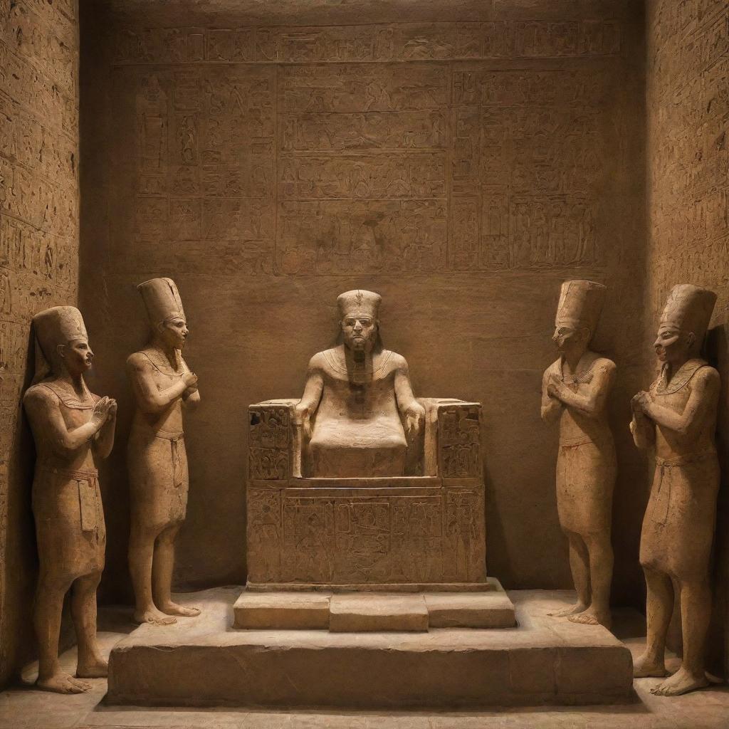 A regal scene in ancient Egypt: Firaun on his throne, surrounded by his priests, revealing intriguing artifacts and metaphysical diagrams related to the afterlife, within a sacred temple illuminated by torchlight.