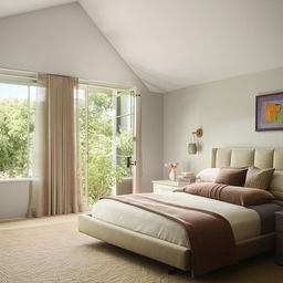 An elegantly designed bedroom with modern furniture, natural light, and a soothing color palette.