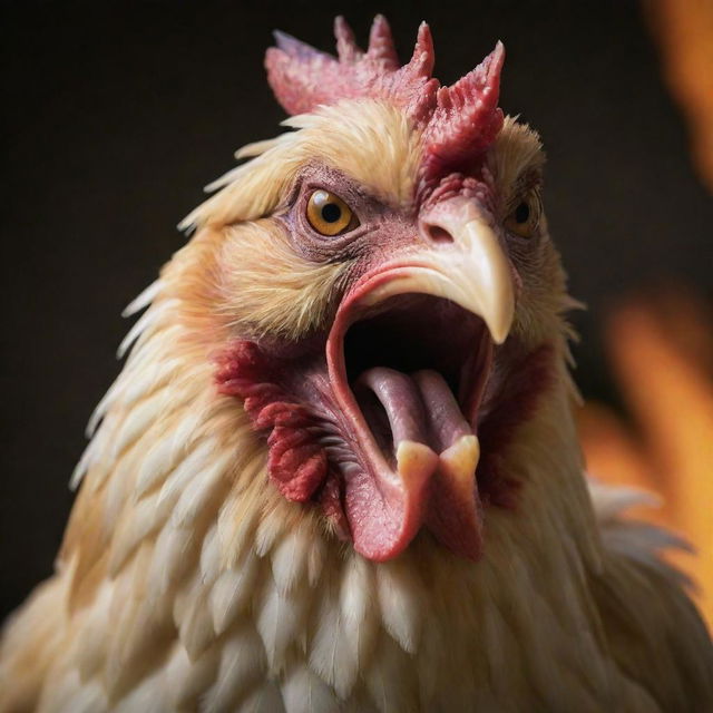 An enraged chicken, its feathers ruffled, beak open in a squawk, and eyes burning with fury.