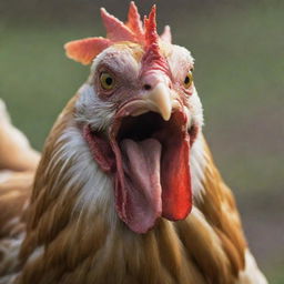 An enraged chicken, its feathers ruffled, beak open in a squawk, and eyes burning with fury.