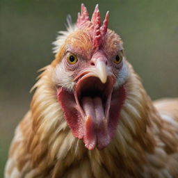 An enraged chicken, its feathers ruffled, beak open in a squawk, and eyes burning with fury.