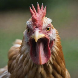 An enraged chicken, its feathers ruffled, beak open in a squawk, and eyes burning with fury.