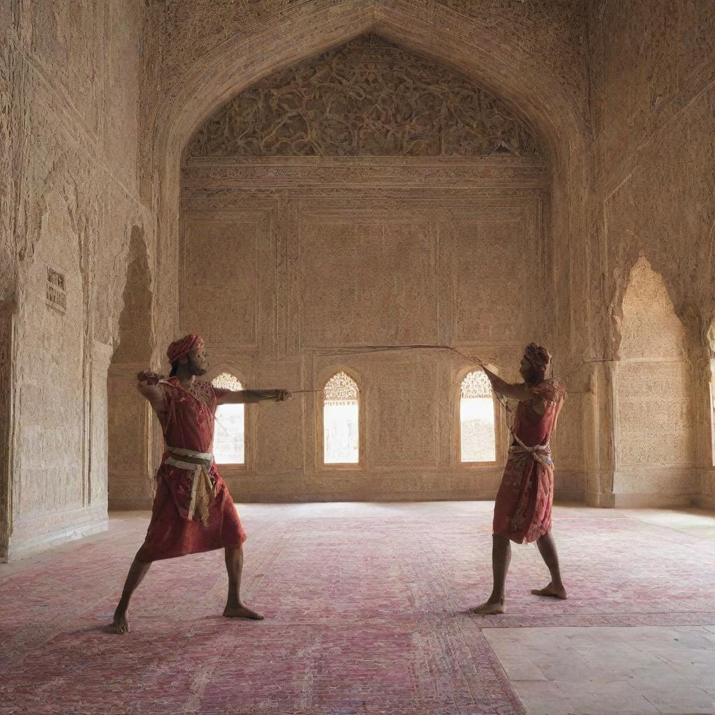 Two Indian tribal warriors engaged in a bow and arrow duel inside a beautifully decorated mosque featuring Islamic architecture.