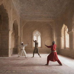 Two Indian tribal warriors engaged in a bow and arrow duel inside a beautifully decorated mosque featuring Islamic architecture.