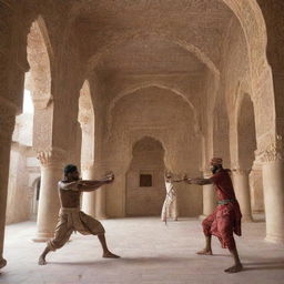 Two Indian tribal warriors engaged in a bow and arrow duel inside a beautifully decorated mosque featuring Islamic architecture.