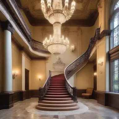 The comer to the building was greeted by a grand staircase and a magnificent chandelier.