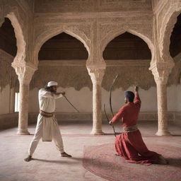 Two Indian tribal warriors engaged in a bow and arrow duel inside a beautifully decorated mosque featuring Islamic architecture.