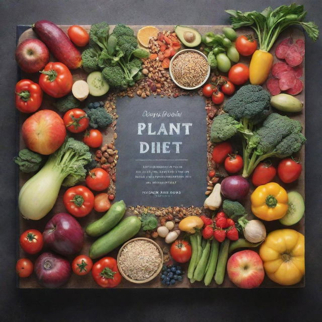 Book cover design for a 'Plant-Based Diet Cookbook', showcasing a colorful array of fresh vegetables, fruits, whole grains, and other plant-based ingredients.