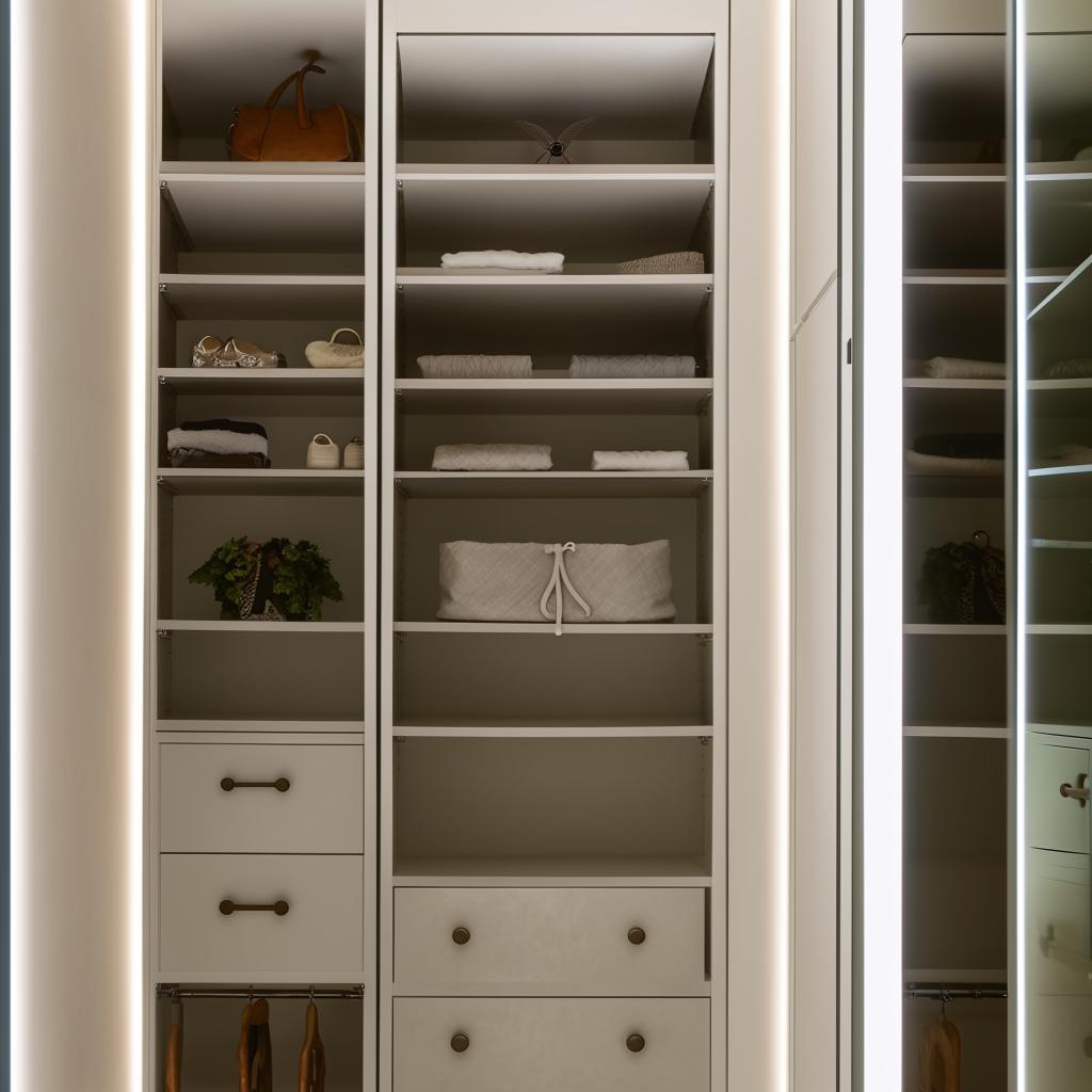 A compact bedroom with strategic design and mirrors to make the walk-in closet appear expansive, creating an optical illusion of a large space.