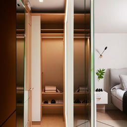 A compact bedroom with strategic design and mirrors to make the walk-in closet appear expansive, creating an optical illusion of a large space.