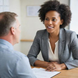 A brightly lit office where a 30s Black woman listens intently to a middle-aged white man sharing his business goals and challenges with enthusiasm.