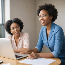 A brightly lit office where a 30s Black woman listens intently to a middle-aged white man sharing his business goals and challenges with enthusiasm.