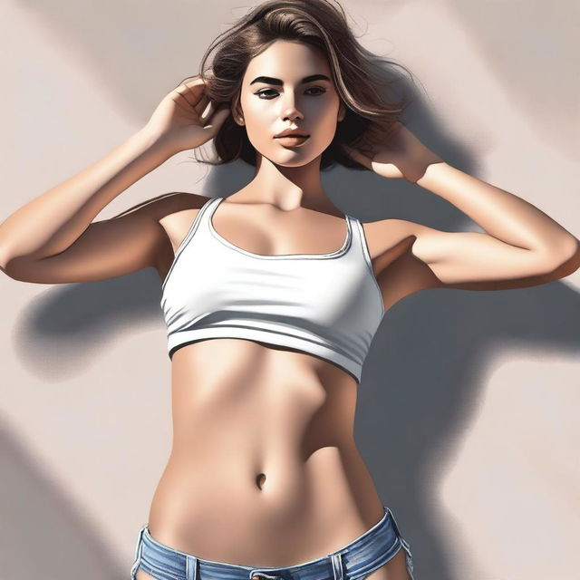 A high-quality digital art piece featuring a stylish young woman in a crop top and shorts, lying down on her stomach