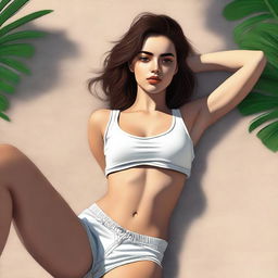 A high-quality digital art piece featuring a stylish young woman in a crop top and shorts, lying down on her stomach