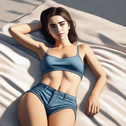 A high-quality digital art piece featuring a stylish young woman in a crop top and shorts, lying down on her stomach