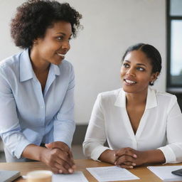 A brightly lit office where a 30s Black woman listens intently to a middle-aged white man sharing his business goals and challenges with enthusiasm.