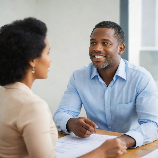 A brightly lit office where a 30s Black woman listens intently to a middle-aged white man sharing his business goals and challenges with enthusiasm.