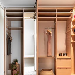 A compact bedroom with strategic design and mirrors to make the walk-in closet appear expansive, creating an optical illusion of a large space.