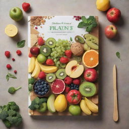 A blank cover design for a 'Plant-Based Diet Cookbook', featuring a variety of fresh fruits, vegetables, and whole grains without any text or writing.