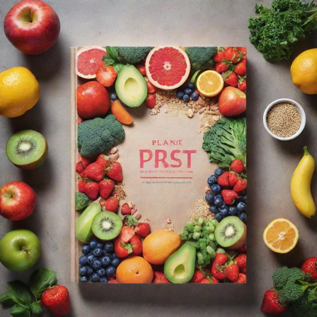 A striking blank book cover for a 'Plant-Based Diet Cookbook', with a vividly colorful medley of fresh fruits, vegetables, and whole grains, without any text or writing.