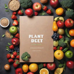 A striking blank book cover for a 'Plant-Based Diet Cookbook', with a vividly colorful medley of fresh fruits, vegetables, and whole grains, without any text or writing.