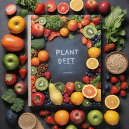 A striking blank book cover for a 'Plant-Based Diet Cookbook', with a vividly colorful medley of fresh fruits, vegetables, and whole grains, without any text or writing.