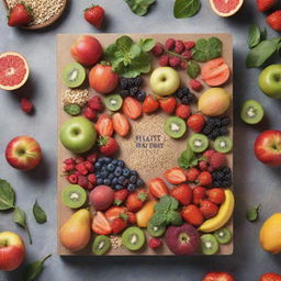 A striking blank book cover for a 'Plant-Based Diet Cookbook', with a vividly colorful medley of fresh fruits, vegetables, and whole grains, without any text or writing.