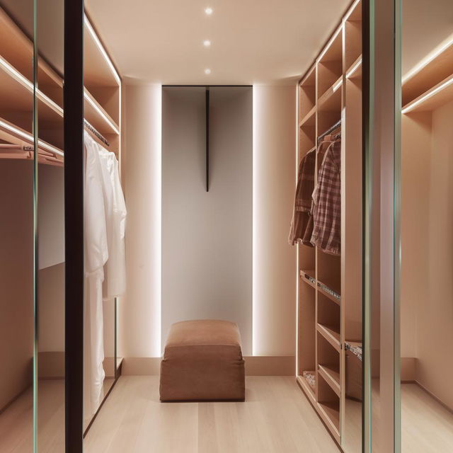 A compact bedroom with strategic design and mirrors to make the walk-in closet appear expansive, creating an optical illusion of a large space.