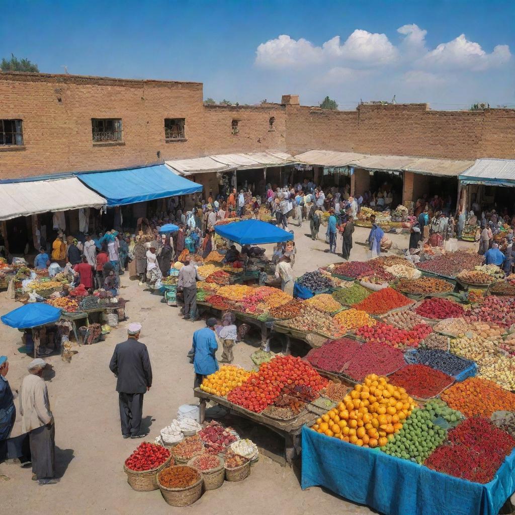 A bustling traditional Uzbek market, known as 'Beshariq Bozori', under a cloudless azure sky. Stalls are packed with vibrant fruits, spices, and textiles, while locals haggle for the best deals.