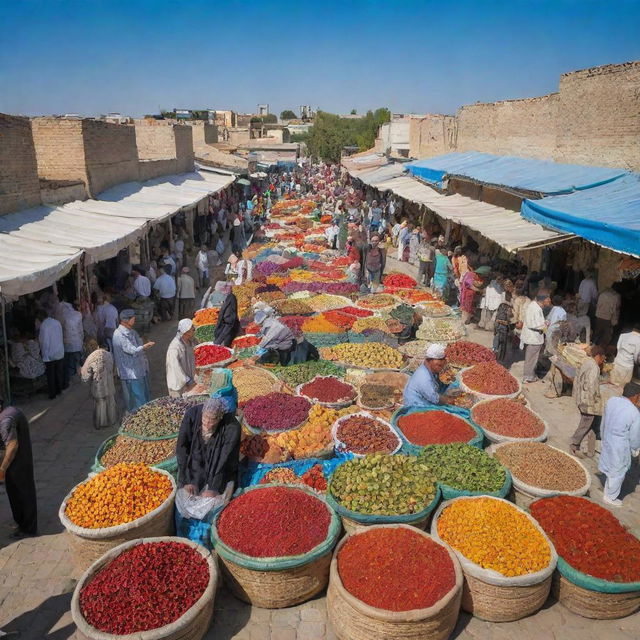 A bustling traditional Uzbek market, known as 'Beshariq Bozori', under a cloudless azure sky. Stalls are packed with vibrant fruits, spices, and textiles, while locals haggle for the best deals.