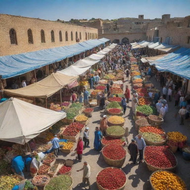 A bustling traditional Uzbek market, known as 'Beshariq Bozori', under a cloudless azure sky. Stalls are packed with vibrant fruits, spices, and textiles, while locals haggle for the best deals.
