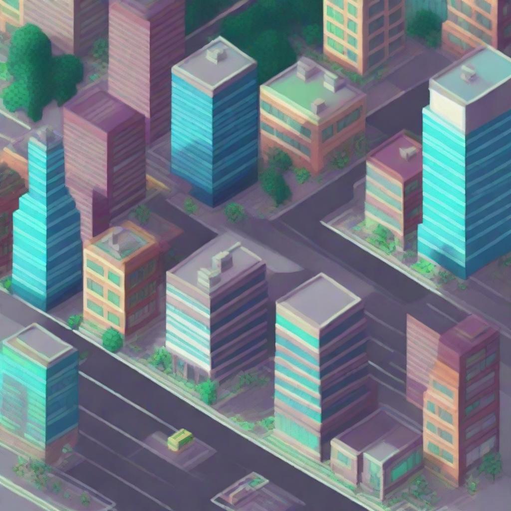 A vibrant, pixel art image showcasing a bustling cityscape