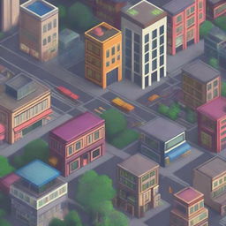 A vibrant, pixel art image showcasing a bustling cityscape