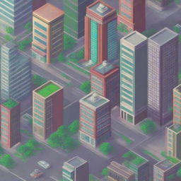 A vibrant, pixel art image showcasing a bustling cityscape