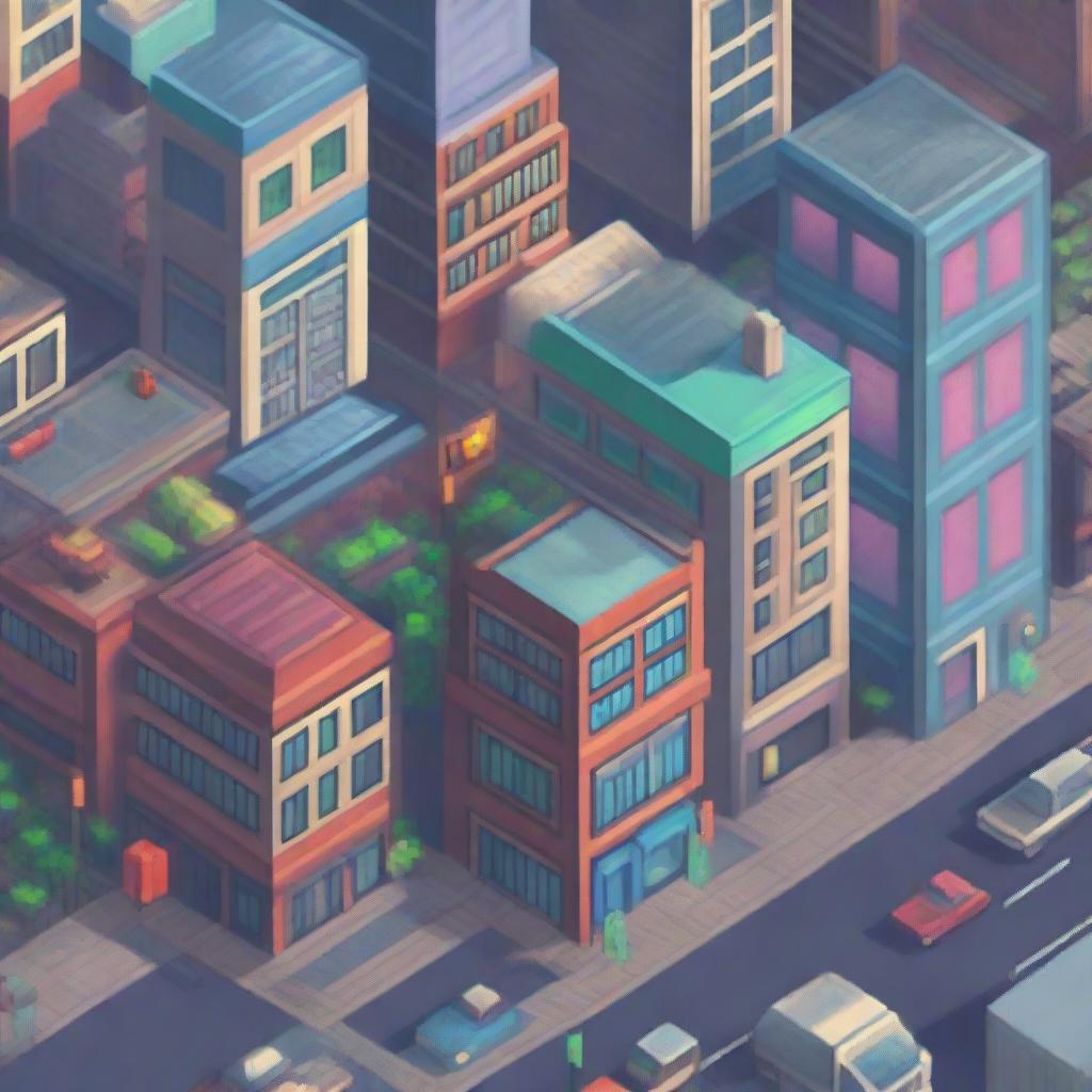 A vibrant, pixel art image showcasing a bustling cityscape