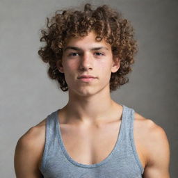 A muscular teenage boy with curly hair