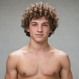 A muscular teenage boy with curly hair