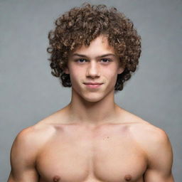 A muscular teenage boy with curly hair