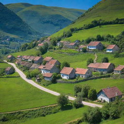 Picturesque small village nestled between verdant green hills under a serene blue sky.