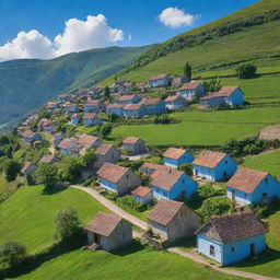 Picturesque small village nestled between verdant green hills under a serene blue sky.