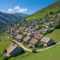 Picturesque small village nestled between verdant green hills under a serene blue sky.