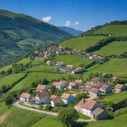 Picturesque small village nestled between verdant green hills under a serene blue sky.