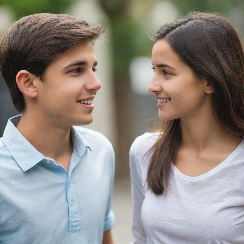 A boy engaged in conversation with an attractive girl, their body language and expressions indicating intrigue and interest.