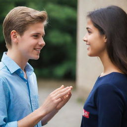 A boy engaged in conversation with an attractive girl, their body language and expressions indicating intrigue and interest.