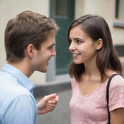 A boy engaged in conversation with an attractive girl, their body language and expressions indicating intrigue and interest.