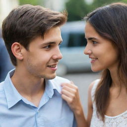 A boy engaged in conversation with an attractive girl, their body language and expressions indicating intrigue and interest.